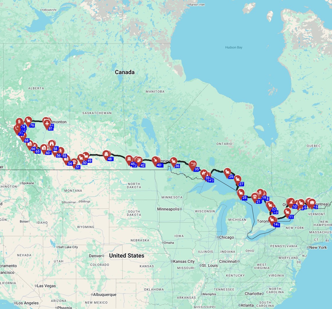 Canada Motorhome trip from Montreal to Edmonton RV route plan
