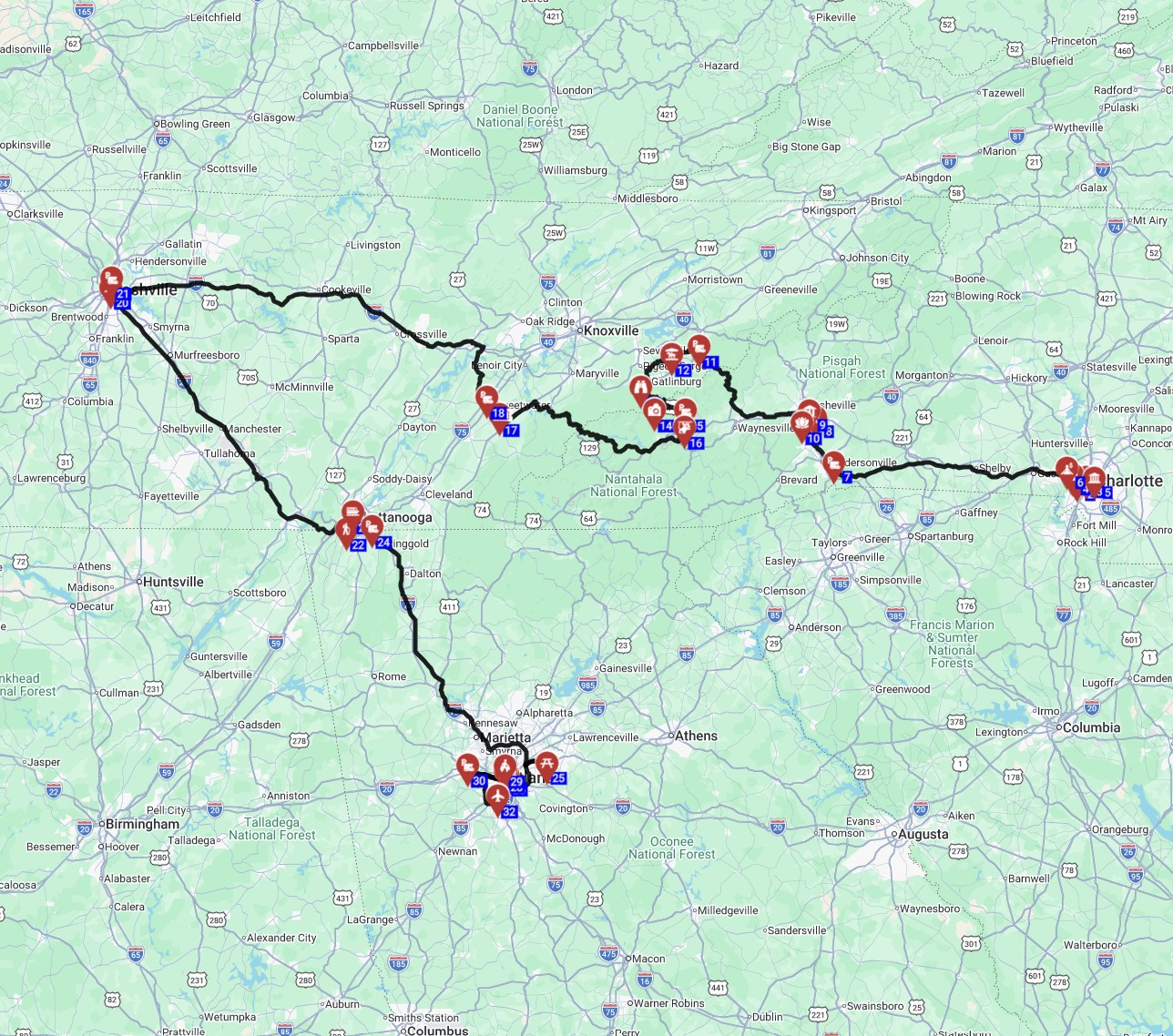 Map for תכנון מסלול טיול קרוואנים בארהב משרלוט לאטלנטה
