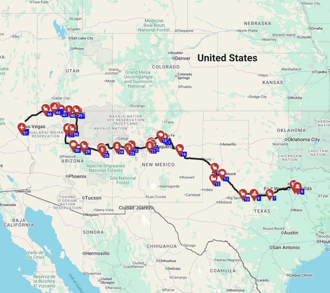 Map for השכרת-קרוואן-תכנון-מסלול-טיול-קרוואנים-ארהב-מדאלאס-ללאס-וגאס