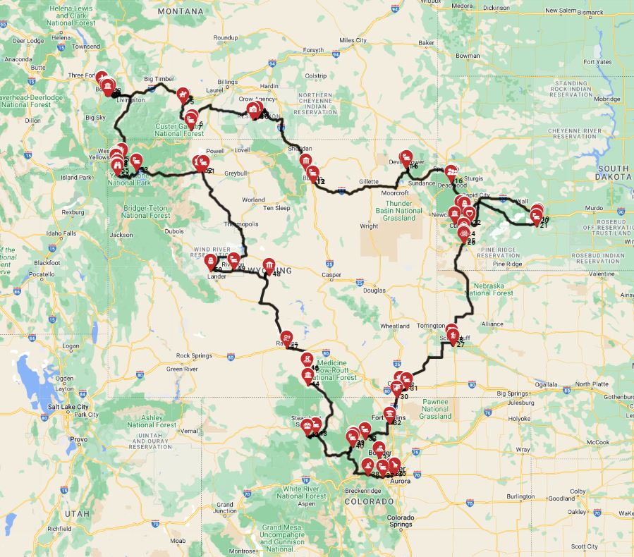 RV route for a road trip with a motorhome from Bozeman