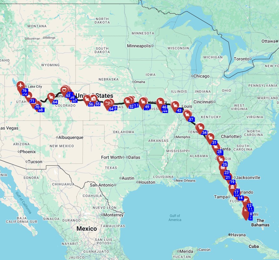 Map for טיול-קרוואנים-בארהב-תכנון-מסלול-מלא-ממיאמי-לסולט-לייק-סיטי