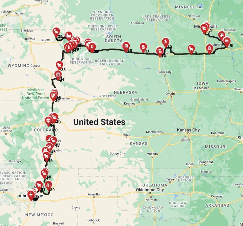 RV route plan for a motorhome trip from Minneapolis to Albuquerque