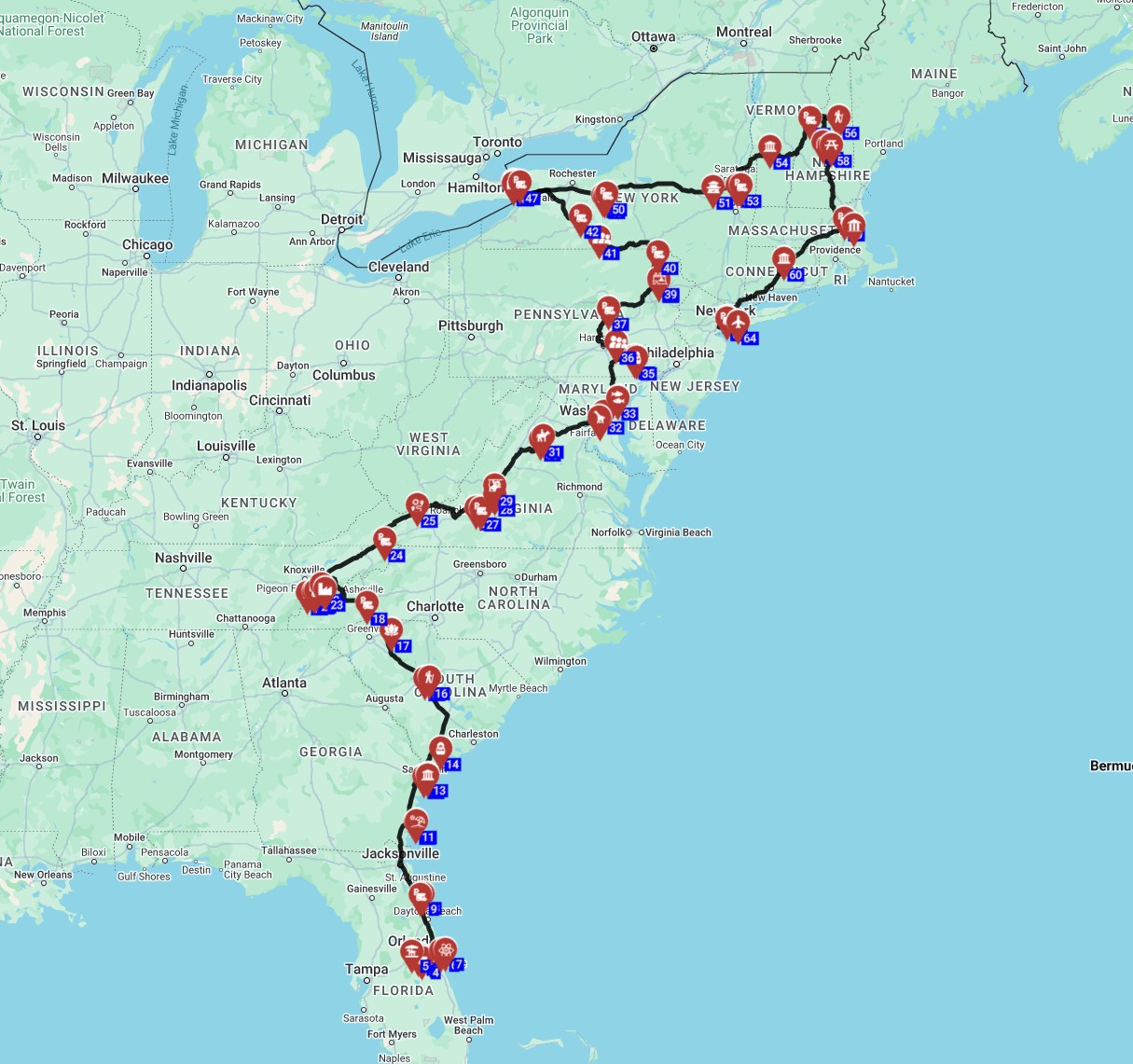 RV trip planner USA Orlando to New York motorhome trip route