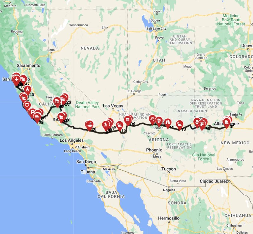 Albuquerque to San Francisco - Via Road No 1