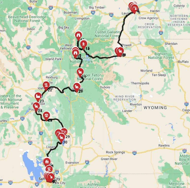 Map for Billings to Salt Lake City - Incl Yellowstone