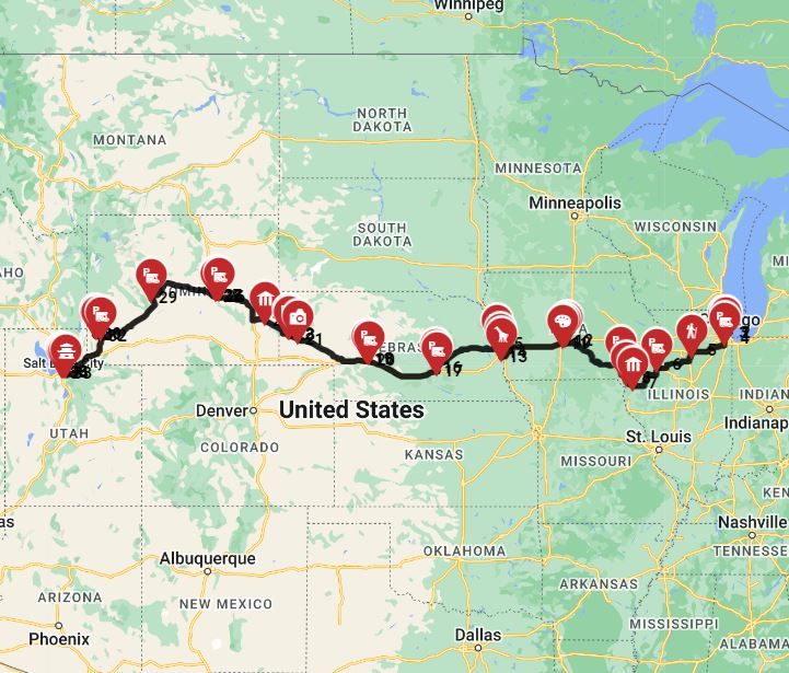 RV trip route from Chicago to Salt lake City follow the Mormon Trail