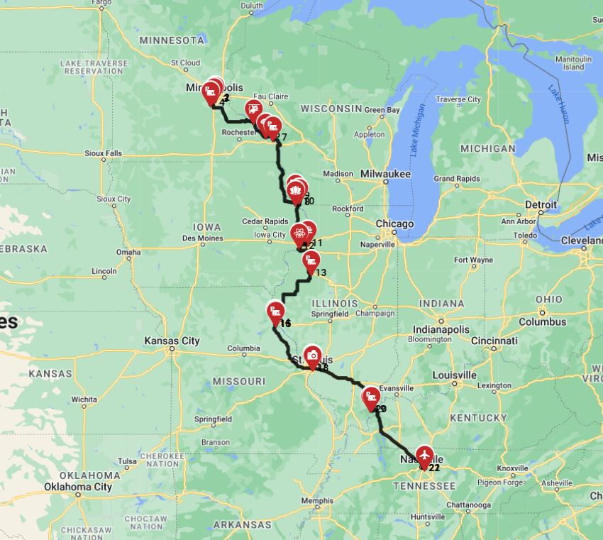 RV trip route from Minneapolis to Nashville