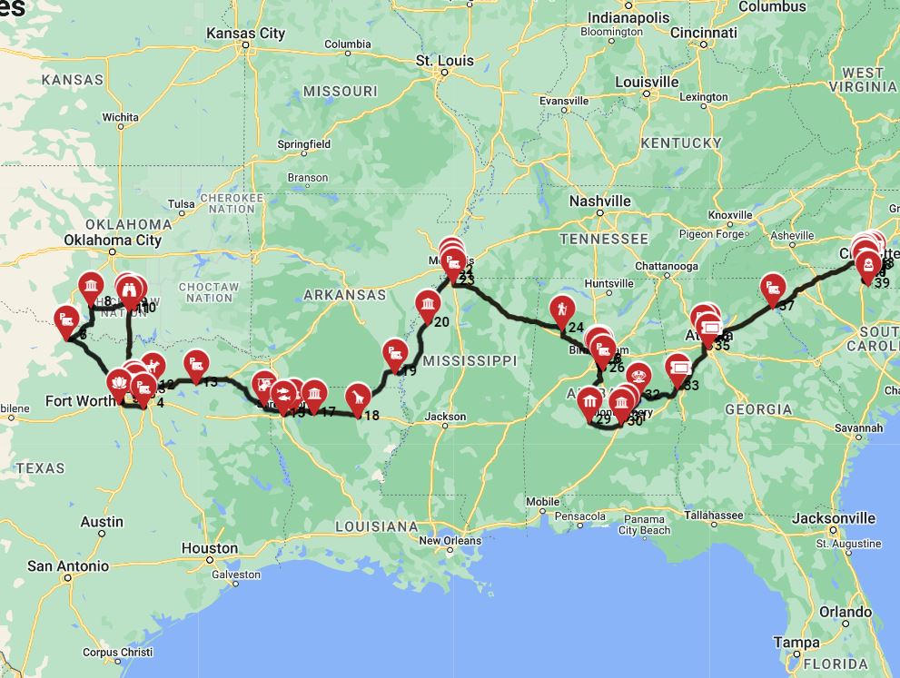 Map for Dallas to Charlotte - along the Bible belt