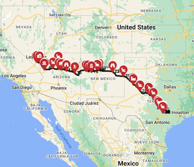 RV advanture trip route from Las Vegas to Austin