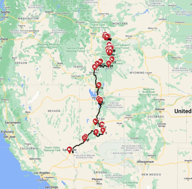 Motorhome trip route from Las Vegas to Bozeman - including Yellowstone