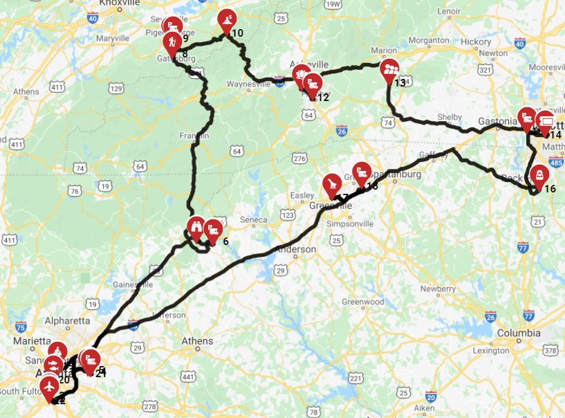 Map for Atlanta Roundtrip - North to the great Smoky mountains