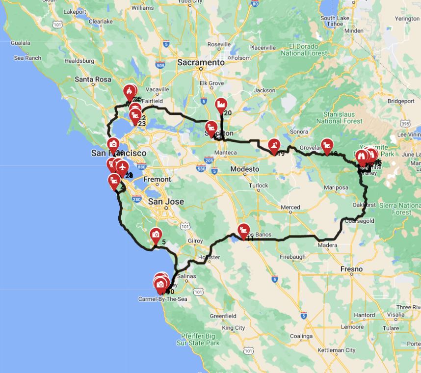 Map for San Francisco Roundtrip - Incl Yosemite