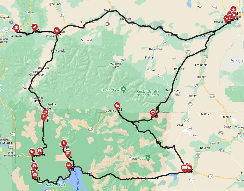 Map for Billings Round trip - Incl Beartooth pass and Yellowstone