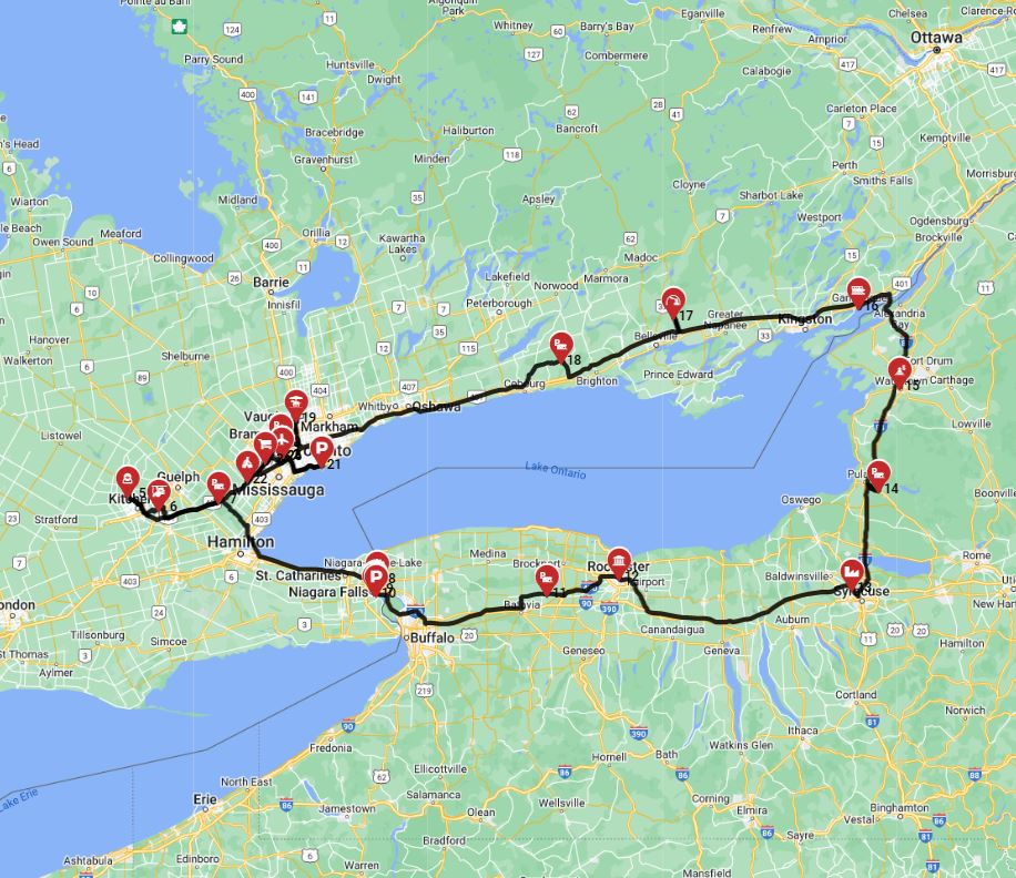 Motorhome trip route out of Toronto including the  Niagara falls and Thousand islands