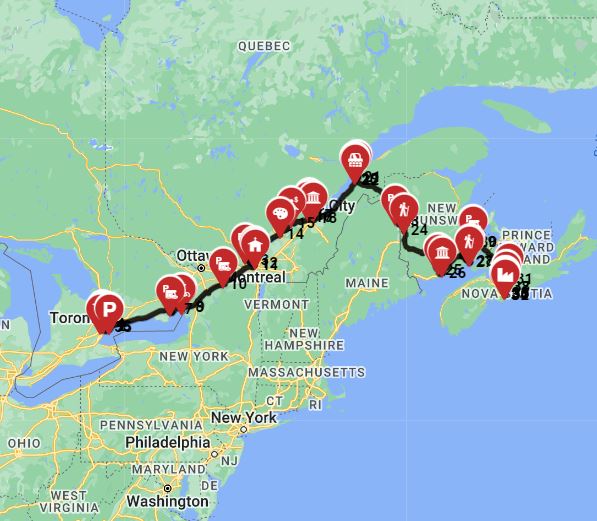 Map for Toronto to Halifax - Through Quebec Without USA