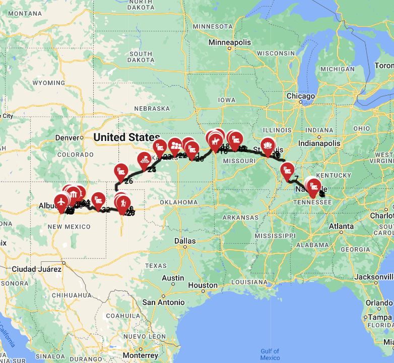 Map for Nashville to Albuquerque - Santa Fe Trail  the Historic trade trail
