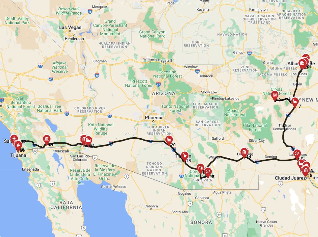 Map for Albuquerque to San Diego - Southern Emigrant Trail Gila trail