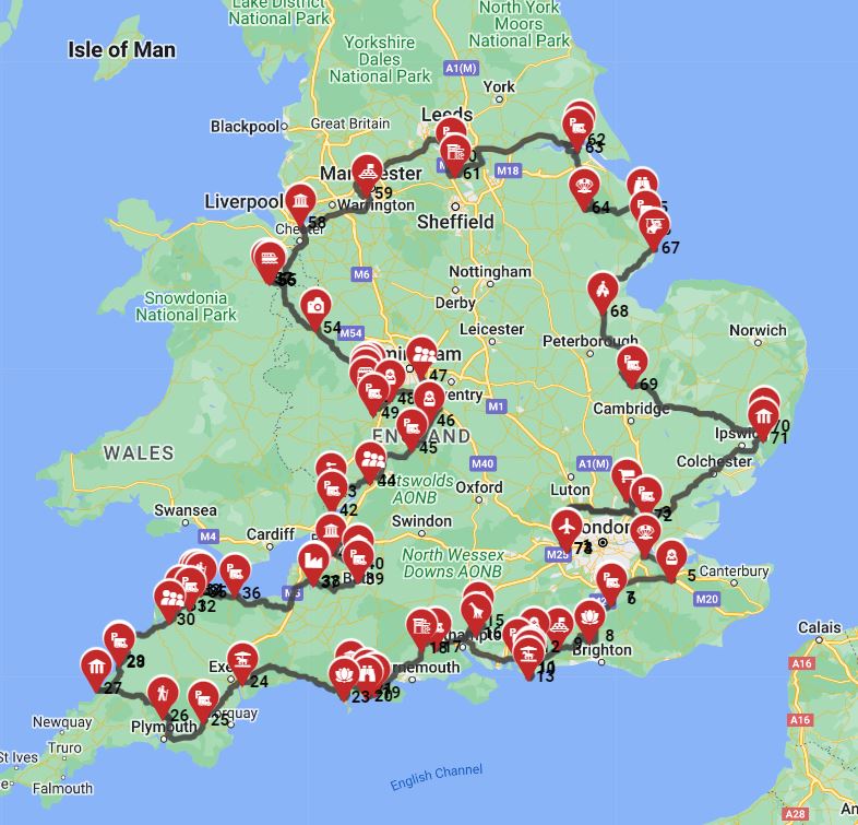 Map for London Roundtrip - A circuit around England