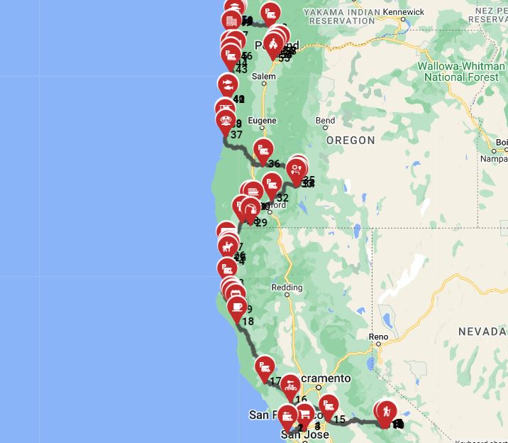 Rv trip route from  San Francisco to  Portland