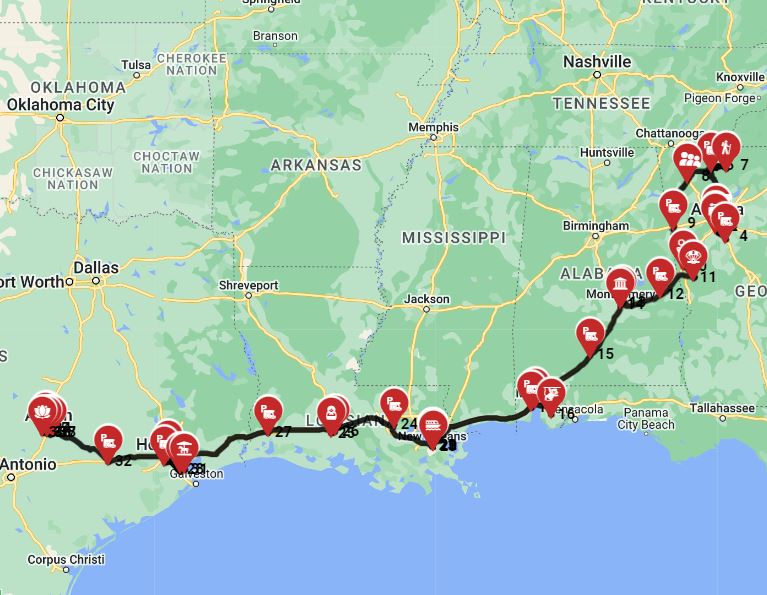 Map for Atlanta to Austin
