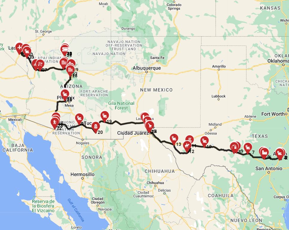 RV trip route from Austin to Las Vegas