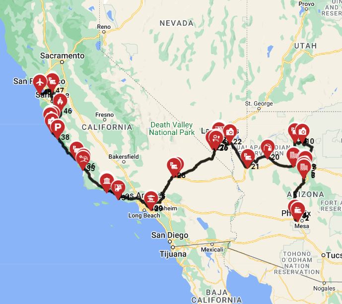 RV trip route from Phoenix to San Francisco- inc. Grand Canyon