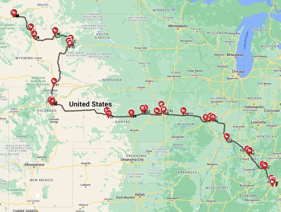 Map for Atlanta to Billings- Including Mount Rushmore and Devils tower