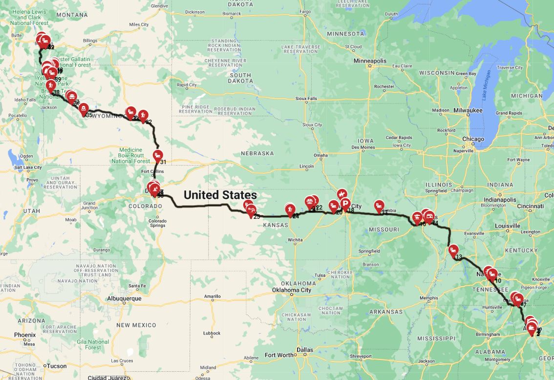 Map for Atlanta to Bozeman- Including Yellowstone