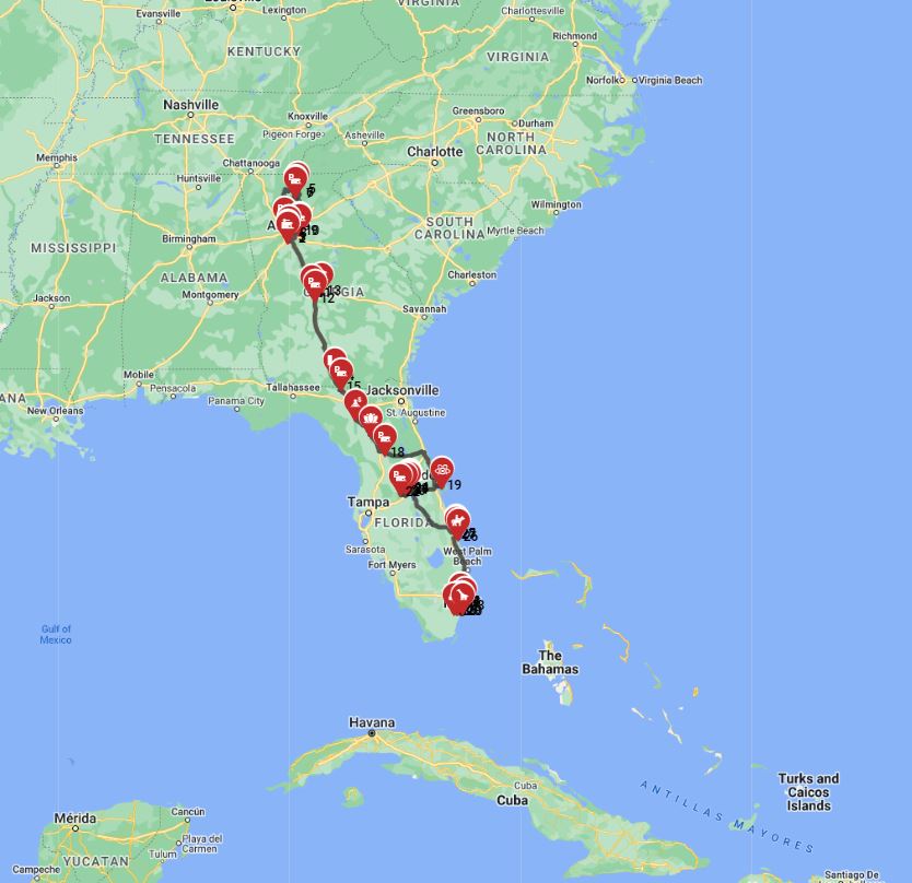 Motorhome trip route from Atlanta to Miami
