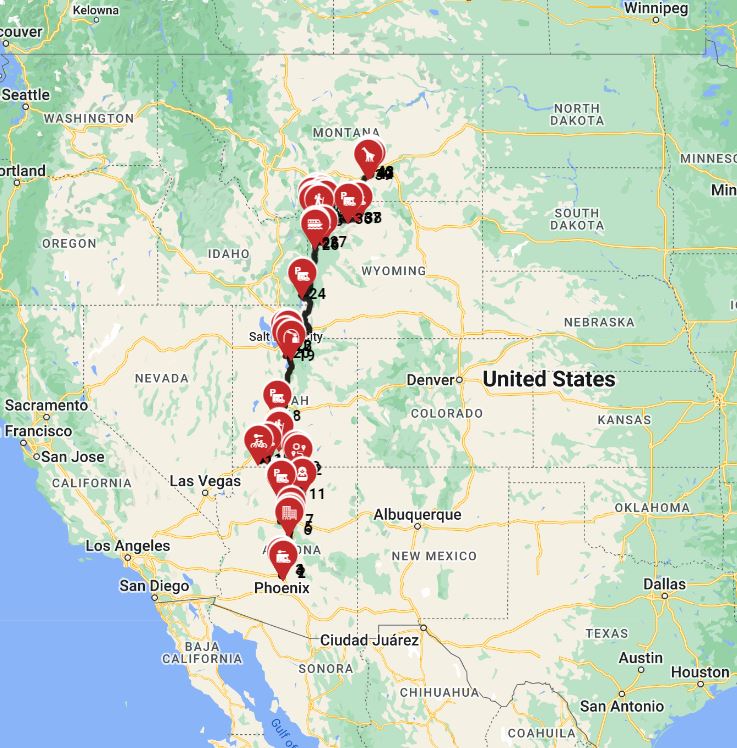 Map for Phoenix to Billings - Incld Yellowstone