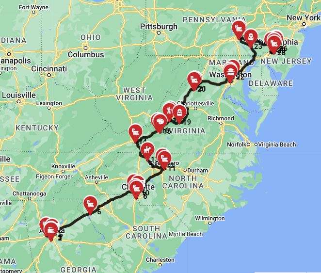 Motorhome trip route from Atlanta to Philadelphia