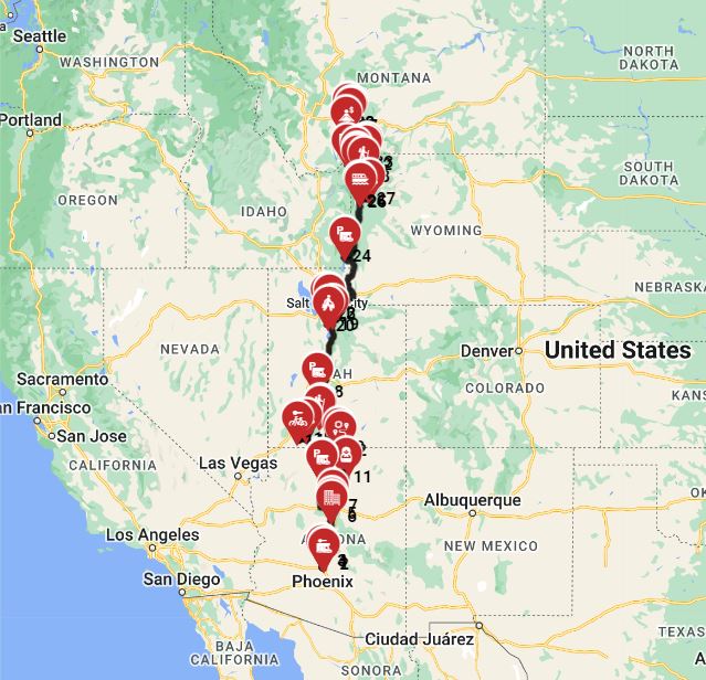 RV trip route from Phoenix to Bozeman