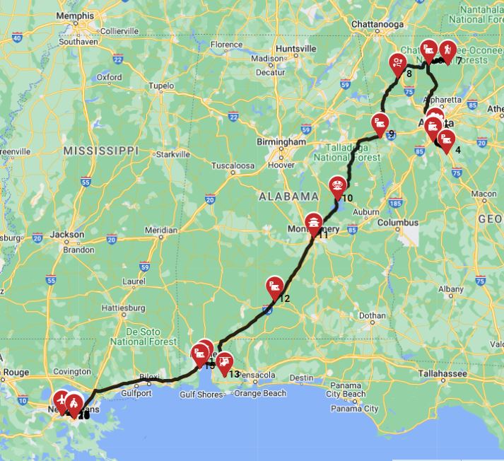 RV route a road trip with a motorhome from New Orleans to Atlanta