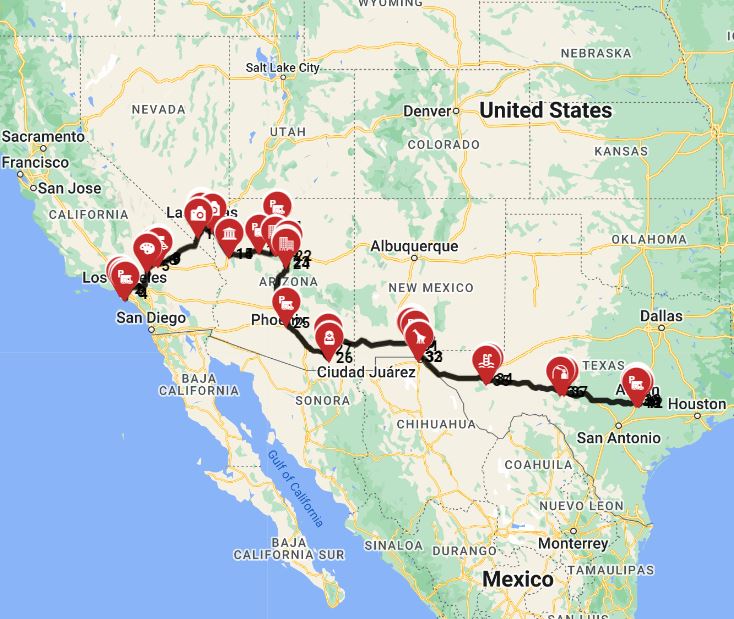 Map for Los Angeles to Austin