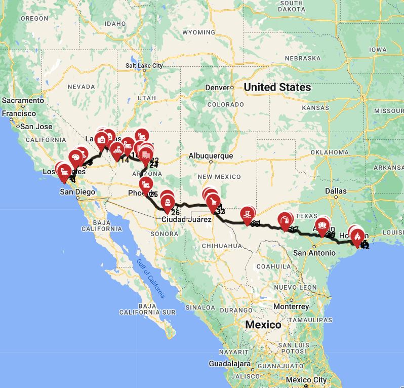 Motorhome route journey from Los Angeles to Houston