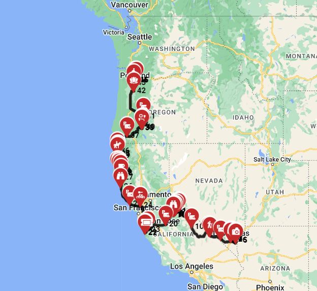 An RV route from Las Vegas to Portland