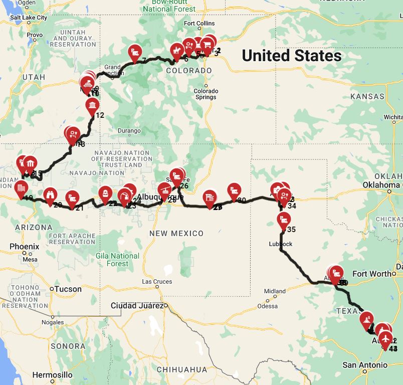 Map for Denver to Austin