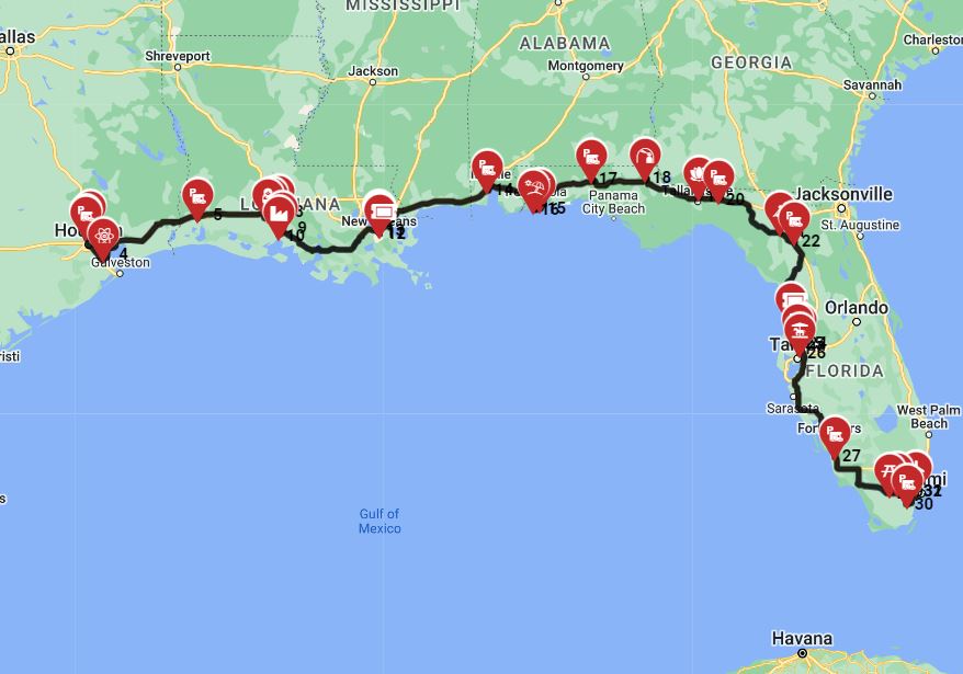 RV advanture trip route from Houston to Miami