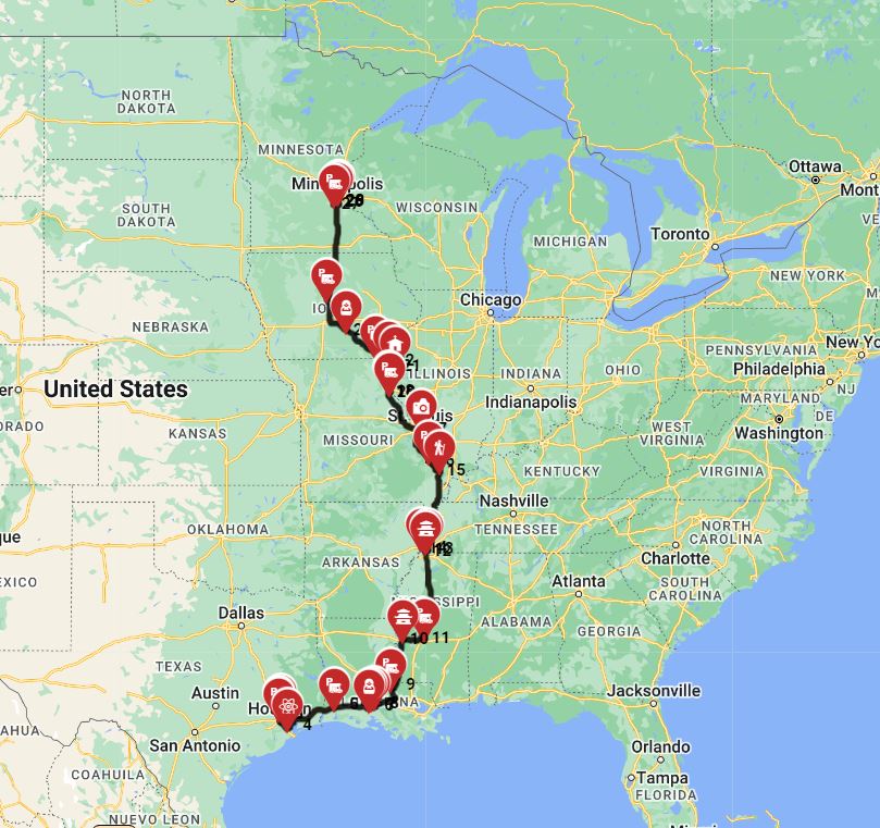 RV travel from Houston to Minneapolis - Along the Mississippi