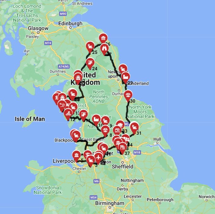 Map for Manchester Roundtrip - Heading North