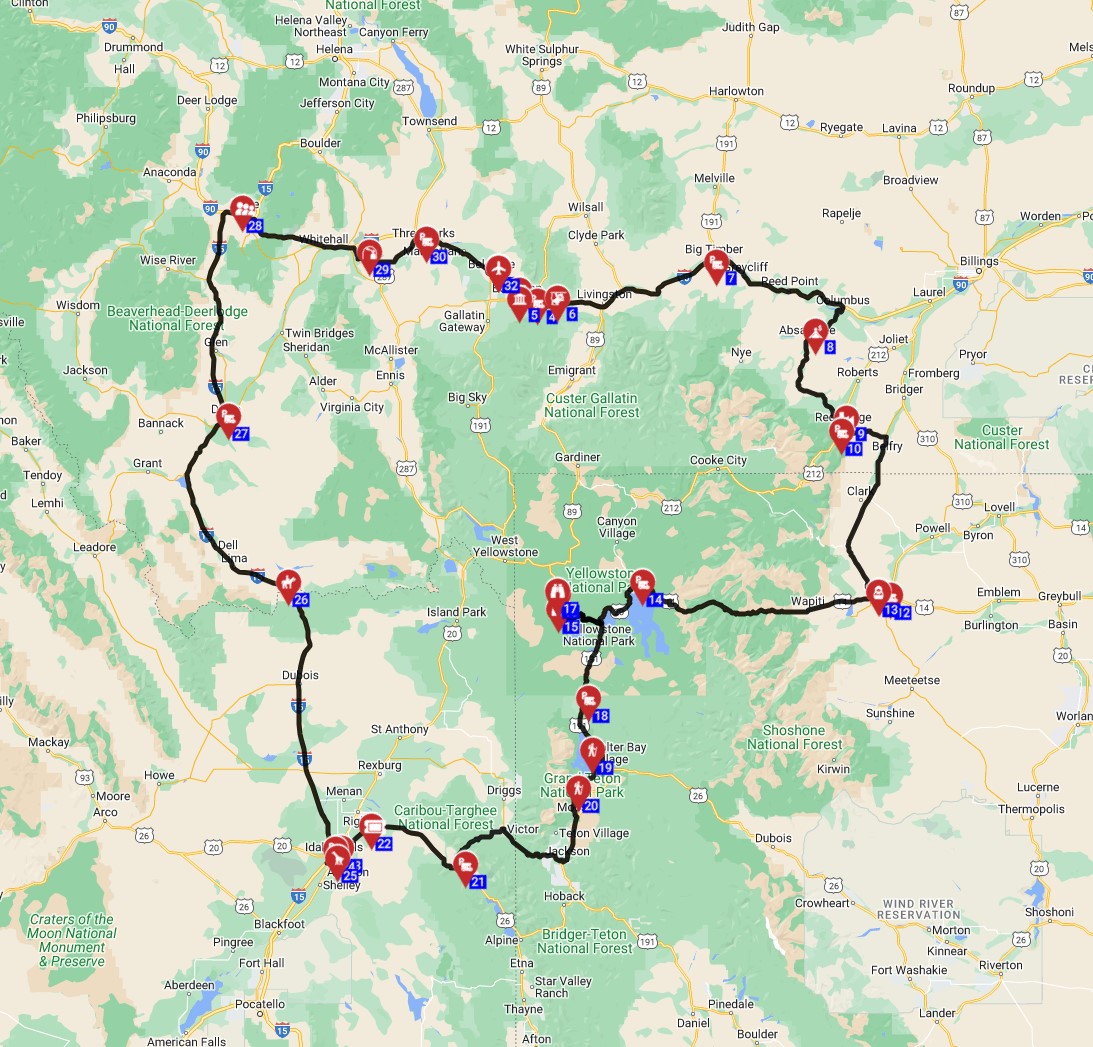 USA RV route planner a Motorhome trip route from Bozeman with an RV