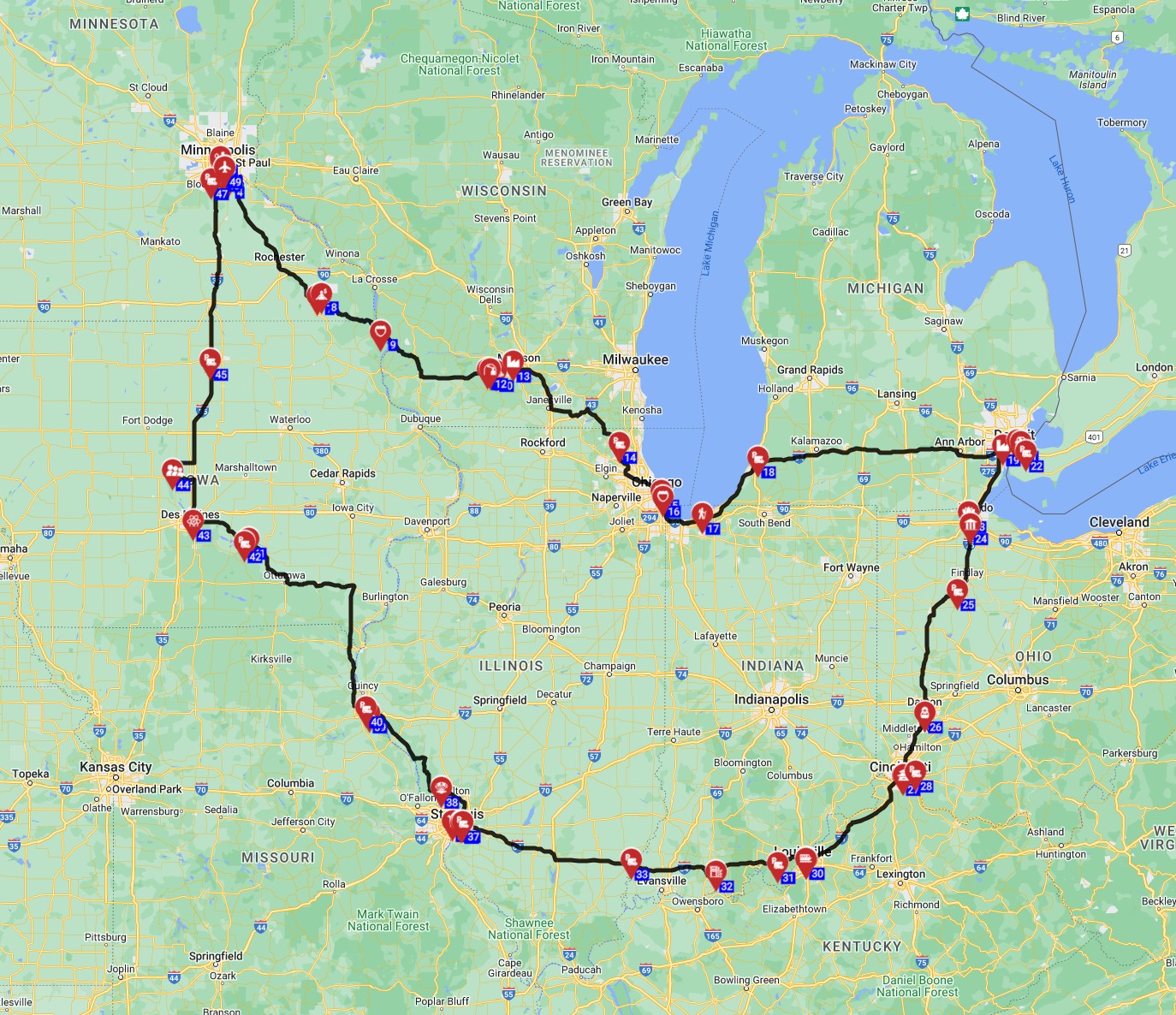 USA RV trip planner Minneapolis motorhome road trip full route