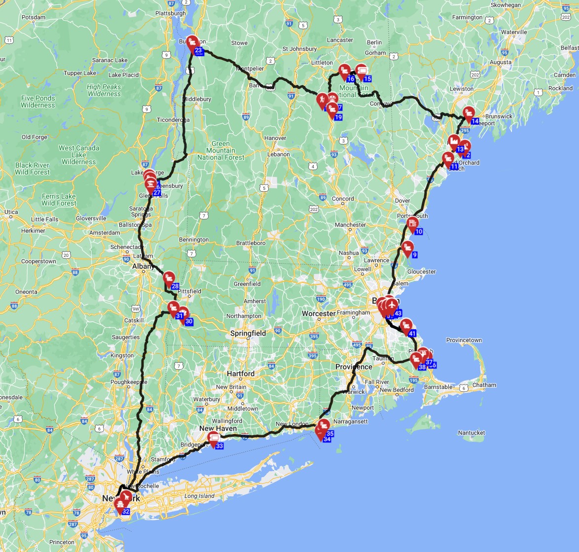 USA RV trip rout plan from Boston RV route to New York, Massachusetts ...