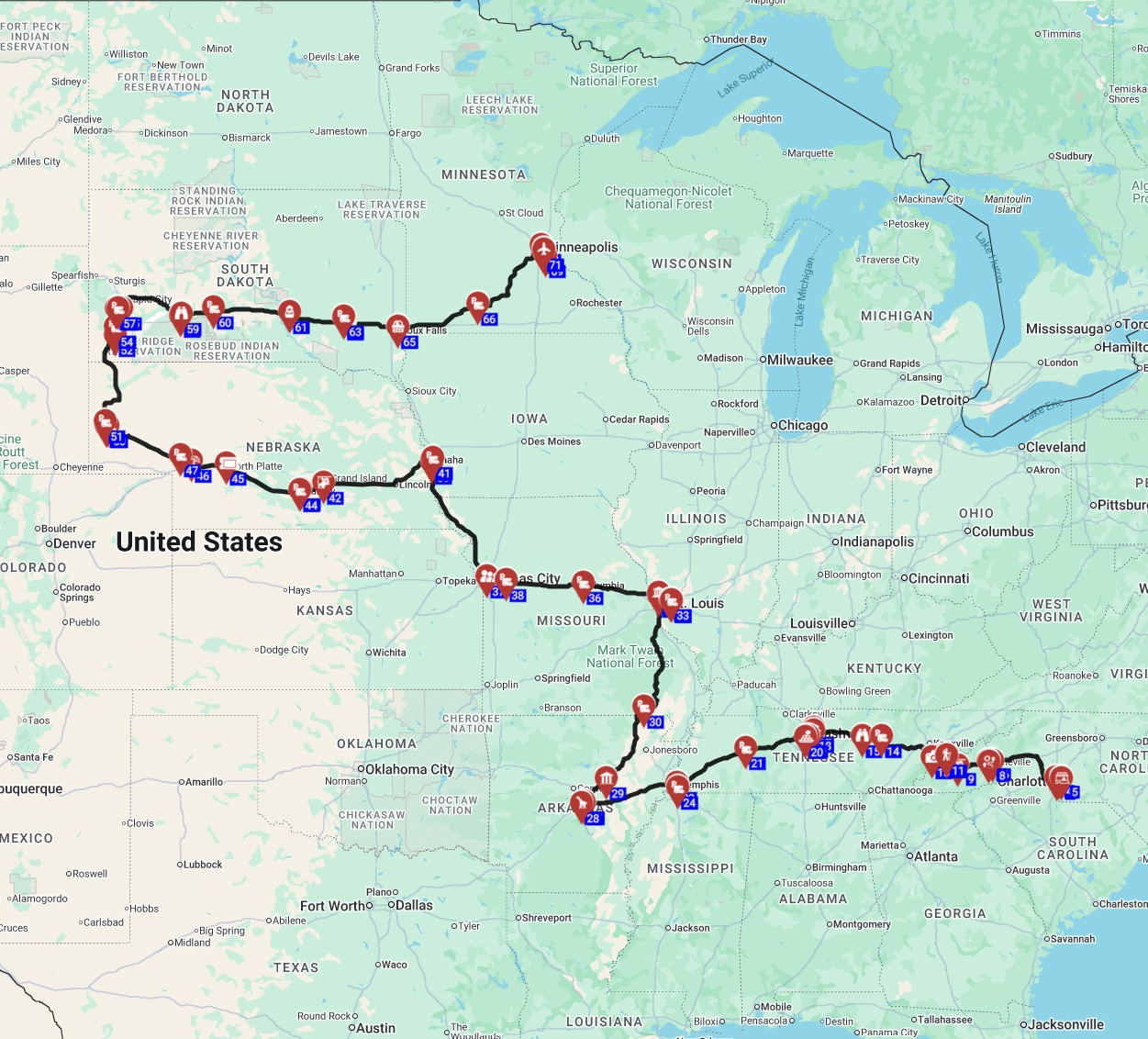 Map for תכנון מסלול טיול קרוואנים בארהב משרלוט למיניאפוליס