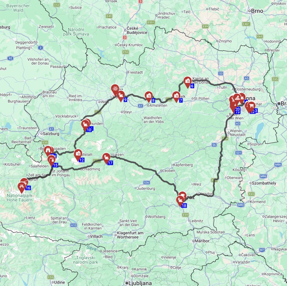 Map for תכנון מסלול טיול קרוואנים באירופה מוינה למשפחות עם ילדים