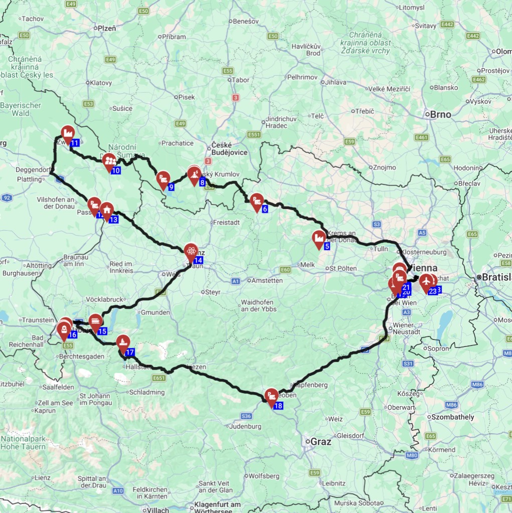 Map for 8 ימים באוסטריה צכיה וגרמניה - מסלול טיול קרוואן משפחתי בין ערים היסטוריות טבע ואטרקציות חבויות מומלצות